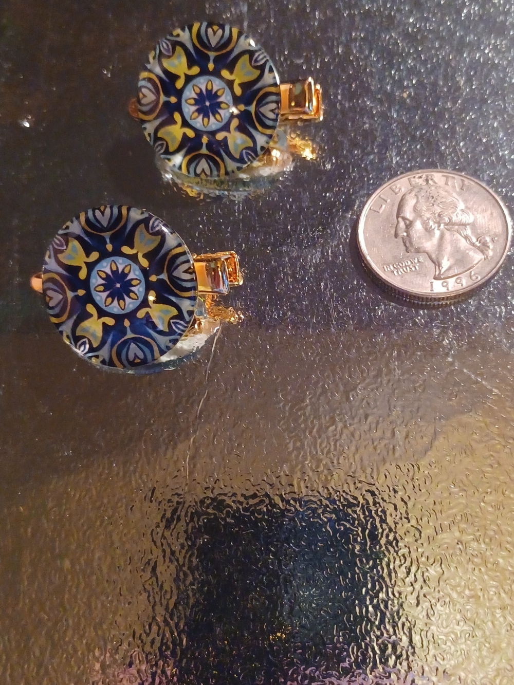 2 X Blue & Gold Patterned Round Hair Clips